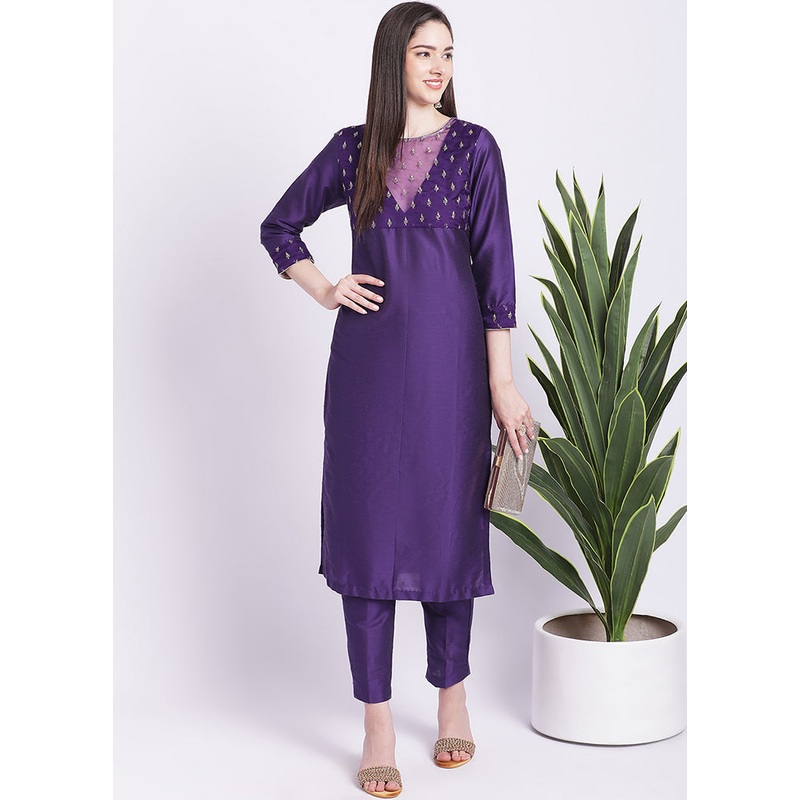 2 Pc Purple Readymade Silk Kurti Set - JD986585731