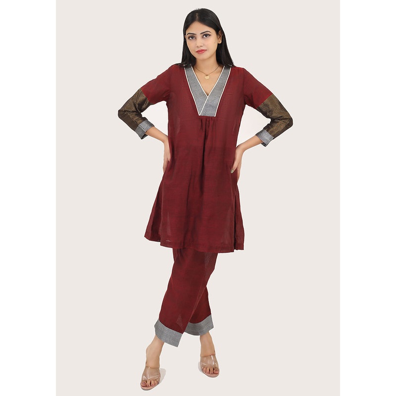 2 Pc Red Pure Readymade Cotton Kurti Set - JD986585728