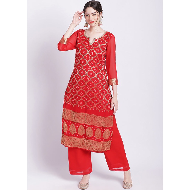 2 Pc Red Readymade Georgette Kurti Set - JD986585726