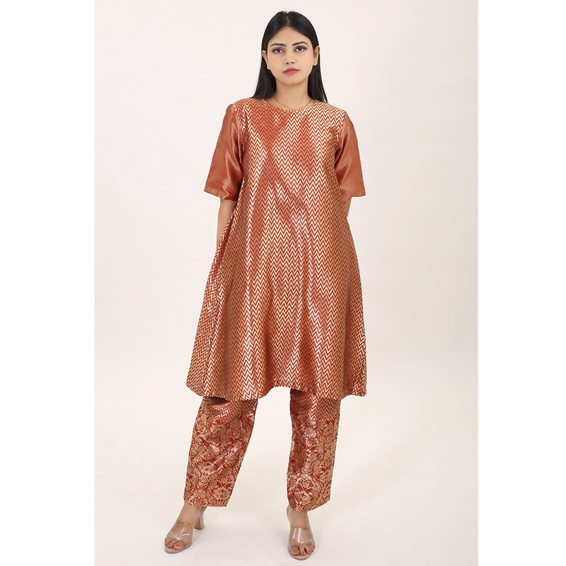 2 Pc Red Readymade Pure Silk Kurti Set - JD986585725