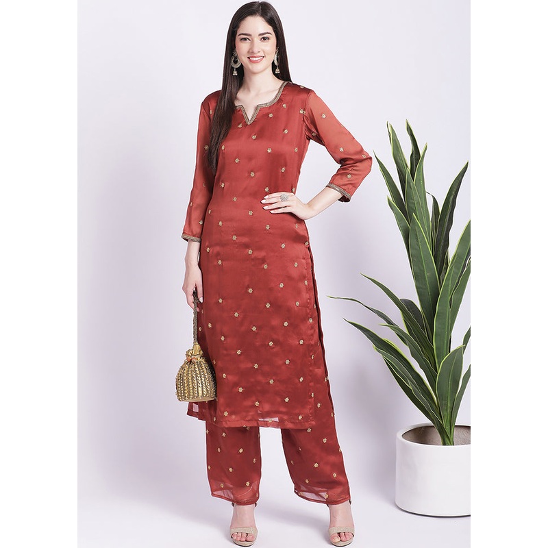 2 Pc Rust Readymade Georgette Kurti Set - JD986585722