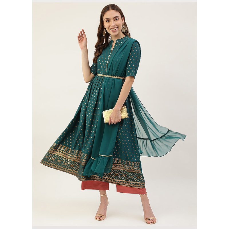 2 Pc Teal Blue Readymade Silk Kurti Set - JD986585720