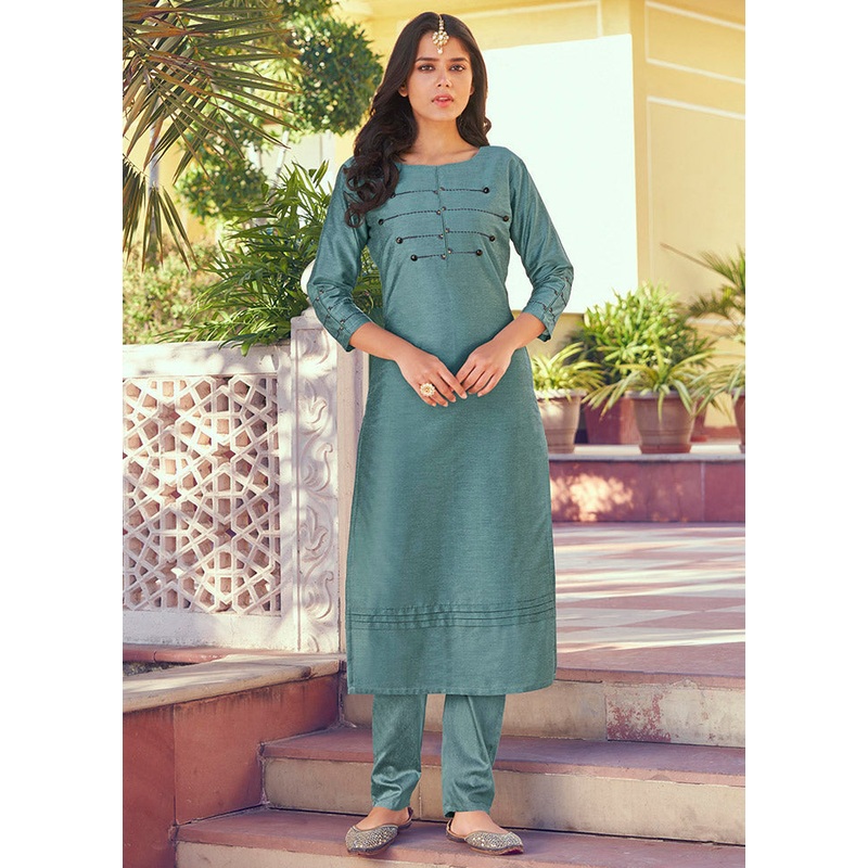 2 Pc Teal Blue Readymade Silk Kurti Set - JD986585721