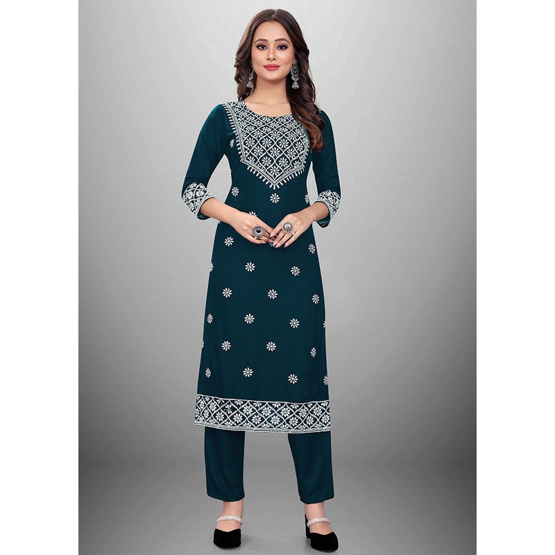 2 Pc Teal Readymade Rayon Kurti Set - JD986585718