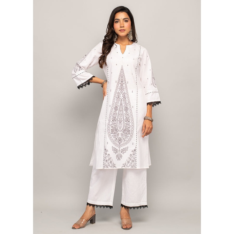 2 Pc White Readymade Cotton Kurti Set - JD986585713