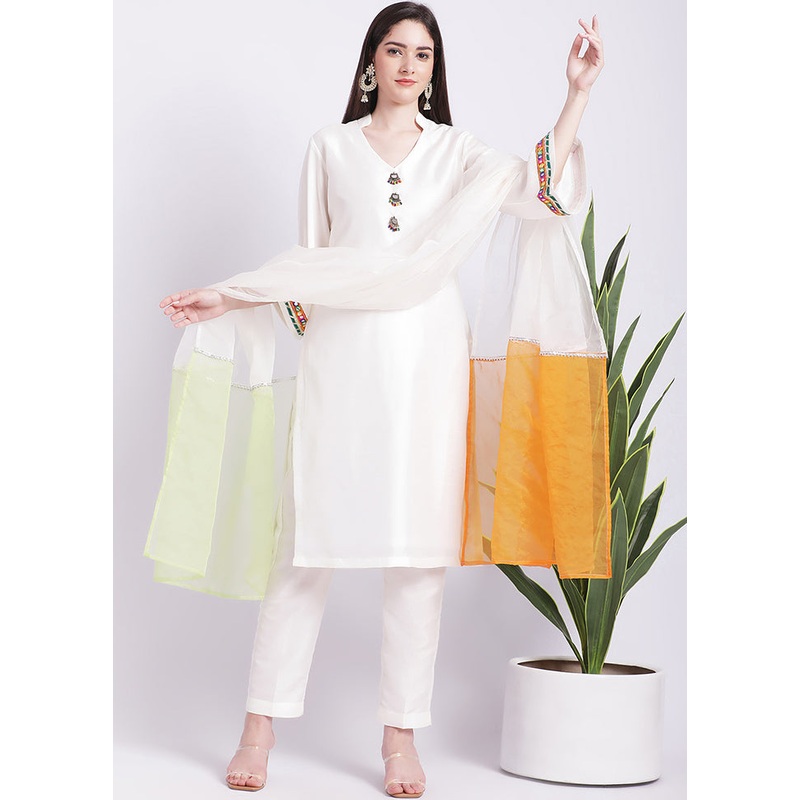 2 Pc White Readymade Silk Kurti Set - JD986585711