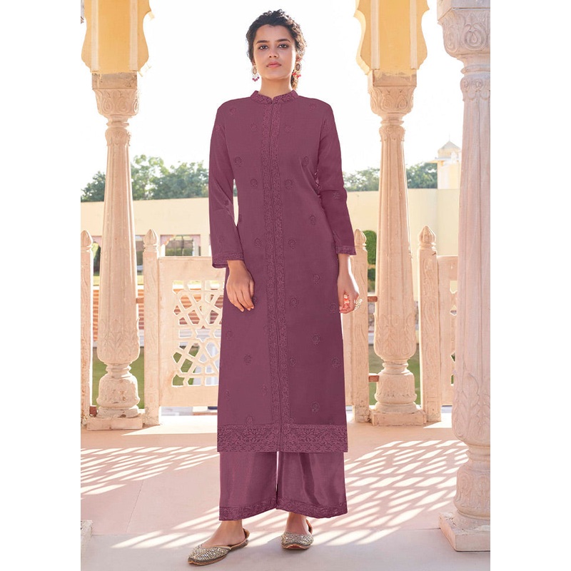 2 Pc Wine Readymade Georgette Kurti Set - JD986585710