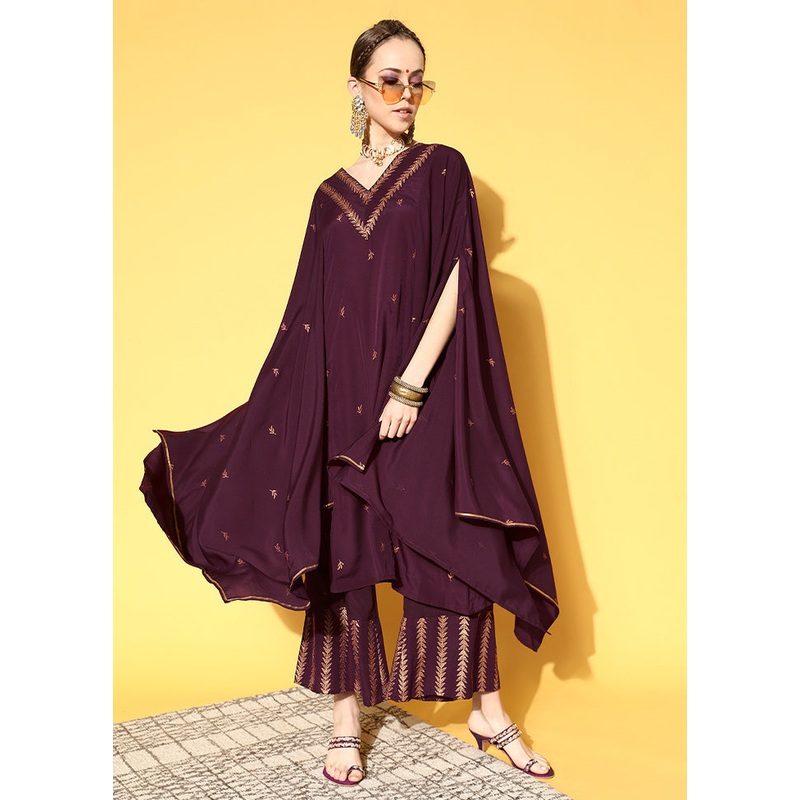 2 Pc Wine Readymade Silk Kurti Set - JD986585708