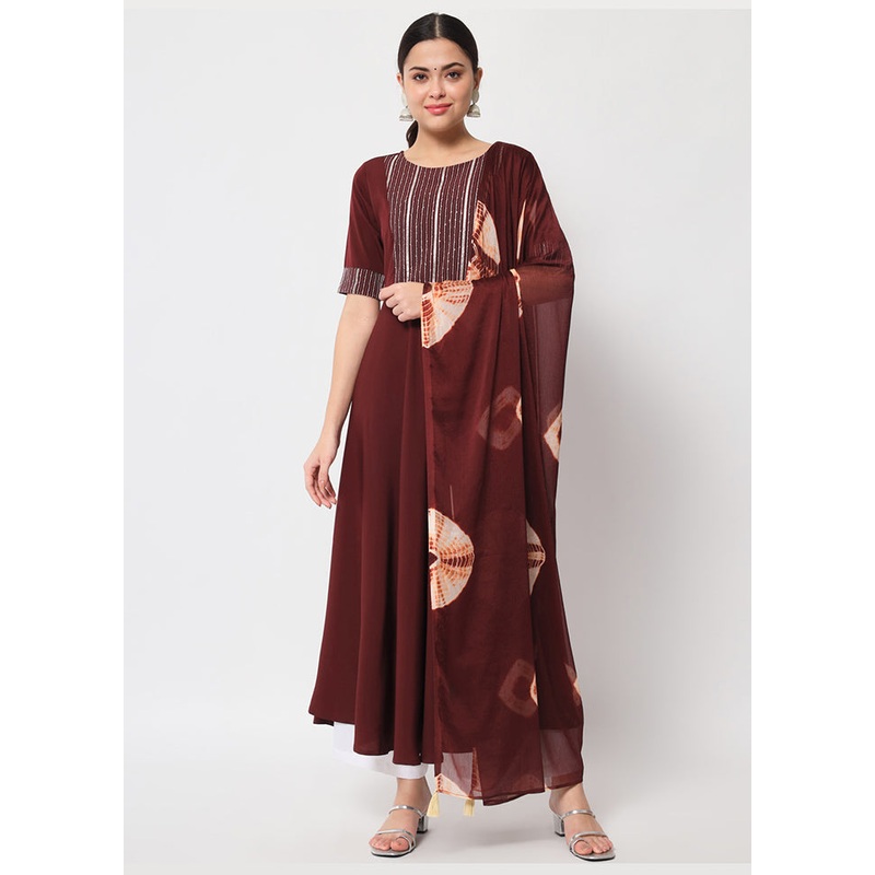 2 Pc Wine Readymade Silk Kurti Set - JD986585709