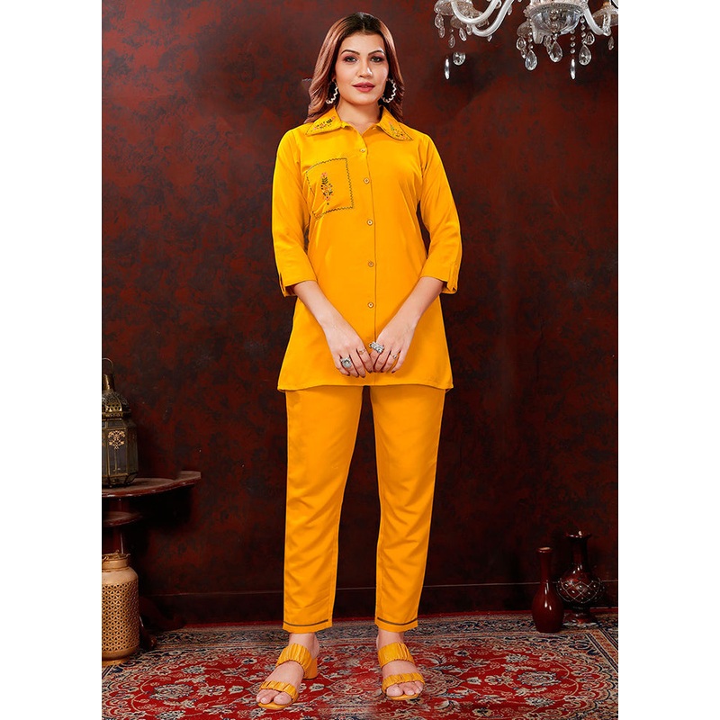 2 Pc Yellow Readymade Cotton Coord Set - JD986585707