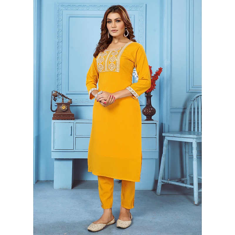 2 Pc Yellow Readymade Cotton Kurti Set - JD986585705
