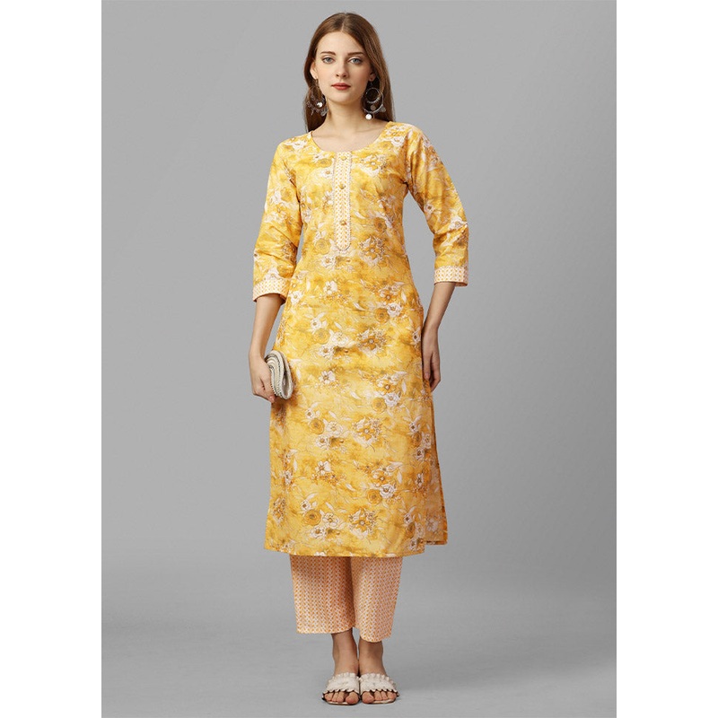 2 Pc Yellow Readymade Cotton Kurti Set - JD986585706