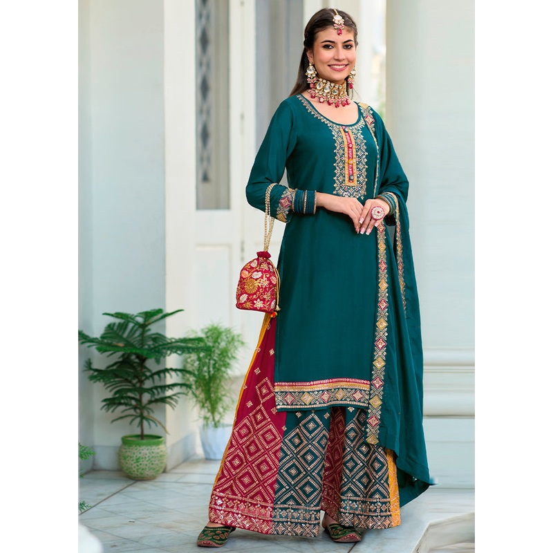 3 Pc Aqua Unstitched Georgette Suit Set - JD986585702