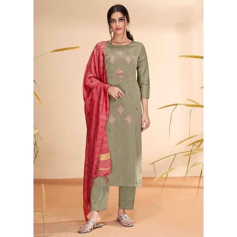 3 Pc Beige Readymade Cotton Suit Set - JD986585701
