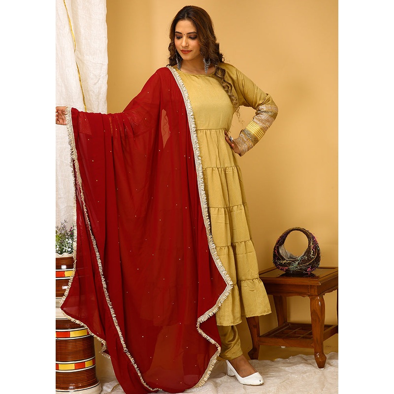 3 Pc Beige Readymade Silk Suit Set - JD986585700