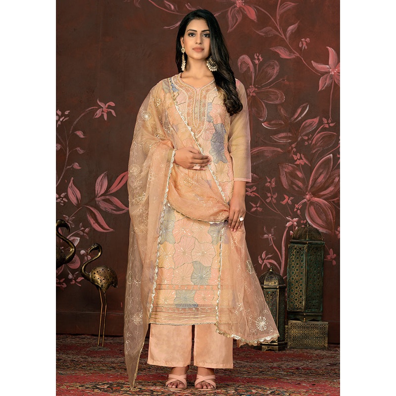 3 Pc Beige Unstitched Net Suit Set - JD986585699