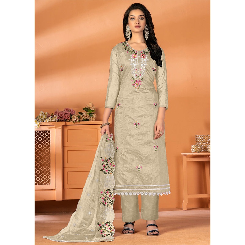 3 Pc Beige Unstitched Silk Suit Set - JD986585698