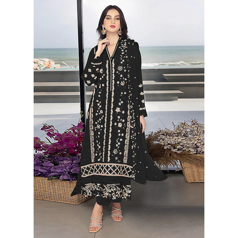 3 Pc Black Georgette Suit Set - JD986585696