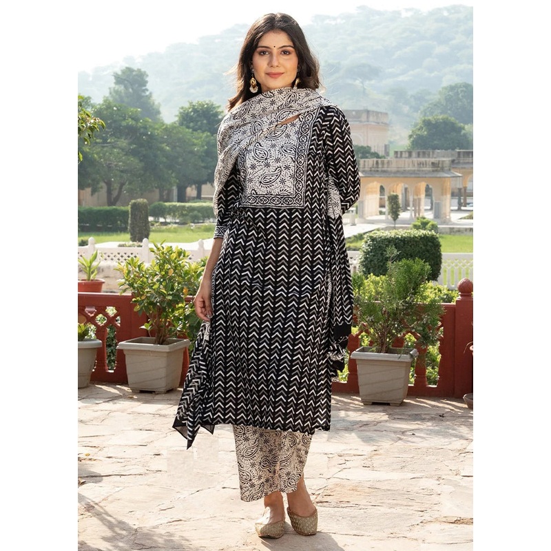 3 Pc Black Readymade Cotton Suit Set - JD986585693