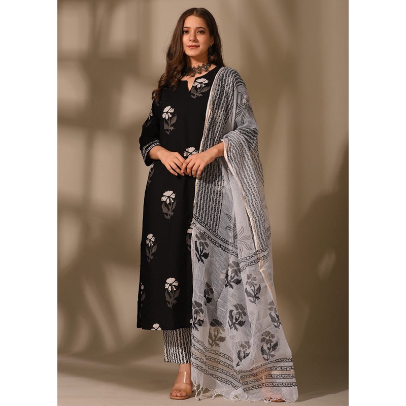 3 Pc Black Readymade Cotton Suit Set - JD986585694