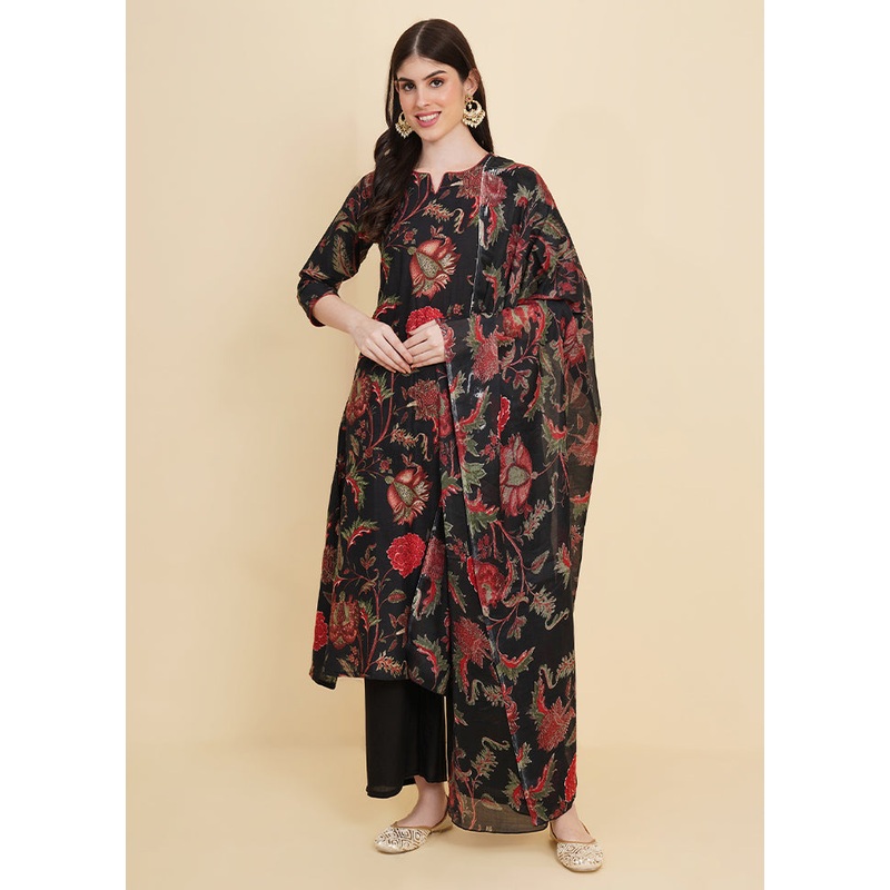 3 Pc Black Readymade Cotton Suit Set - JD986585695