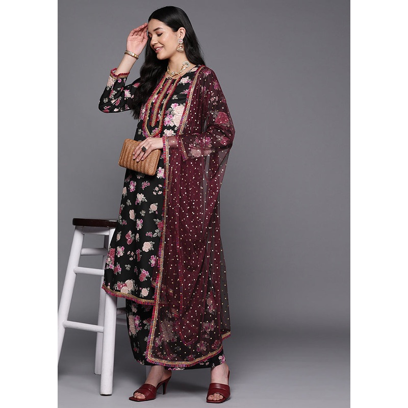 3 Pc Black Readymade Silk Suit Set - JD986585684