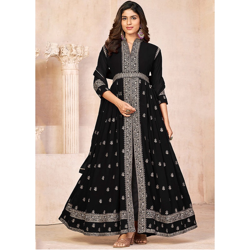 3 Pc Black Unstitched Georgette Suit Set - JD986585683