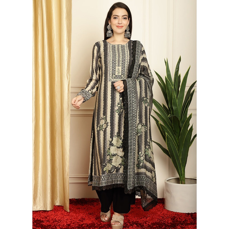 3 Pc Black Unstitched Pashmina Suit Set - JD986585681
