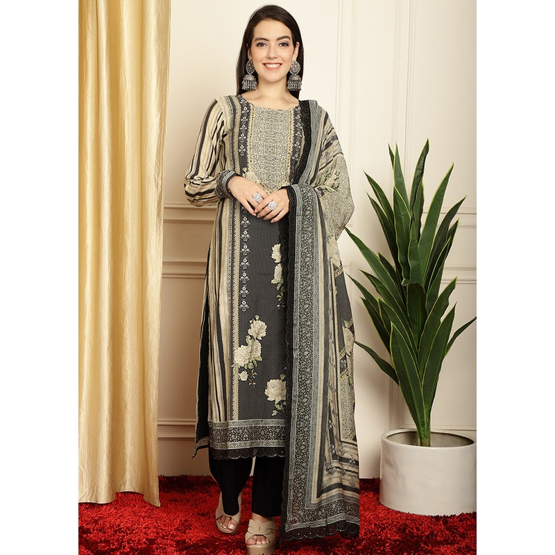 3 Pc Black Unstitched Pashmina Suit Set - JD986585682