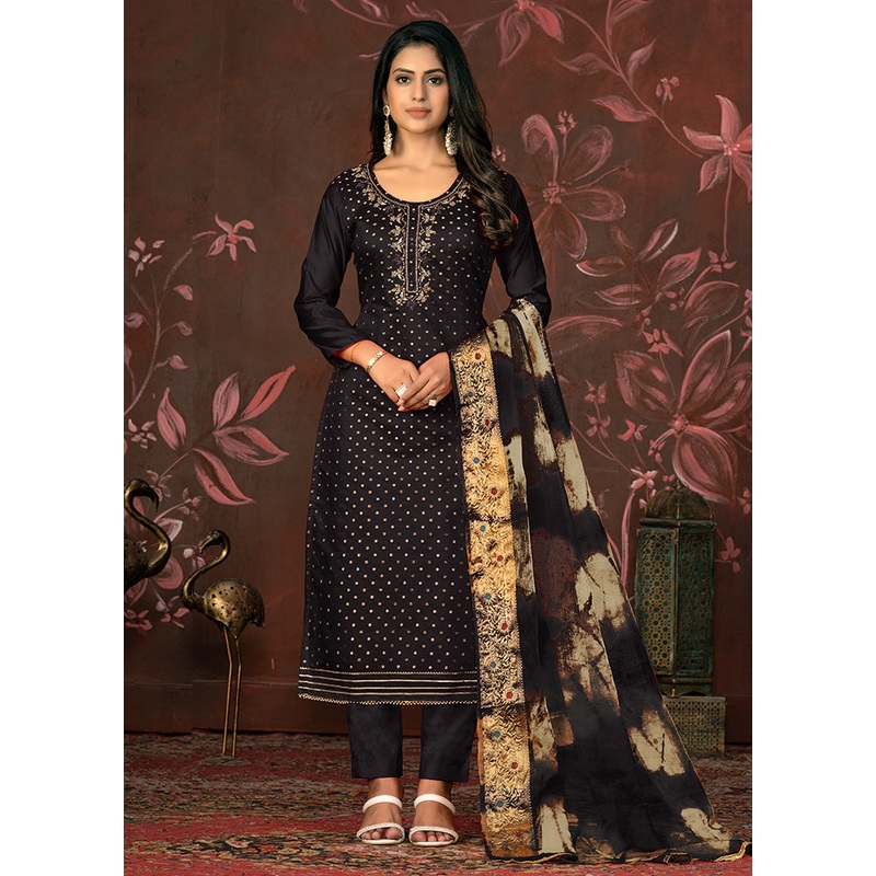 3 Pc Black Unstitched Silk Suit Set - JD986585680