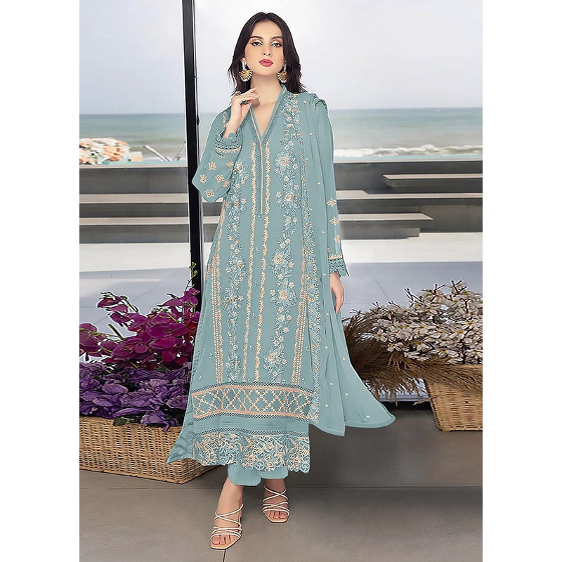 3 Pc Blue Georgette Suit Set - JD986585679