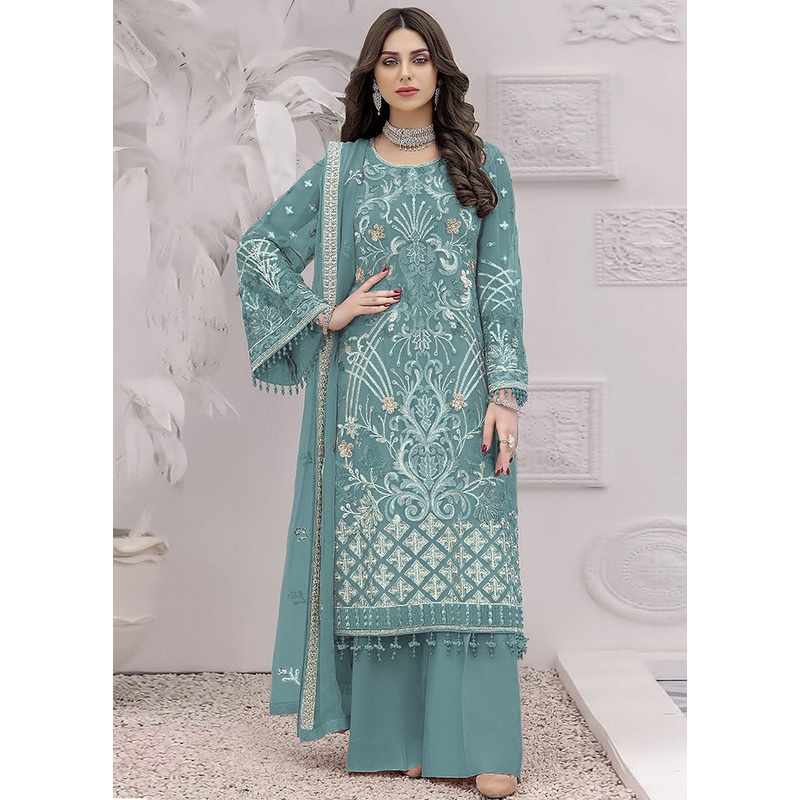 3 Pc Blue Unstitched Georgette Suit Set - JD986585663