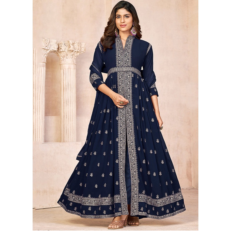 3 Pc Blue Unstitched Georgette Suit Set - JD986585664