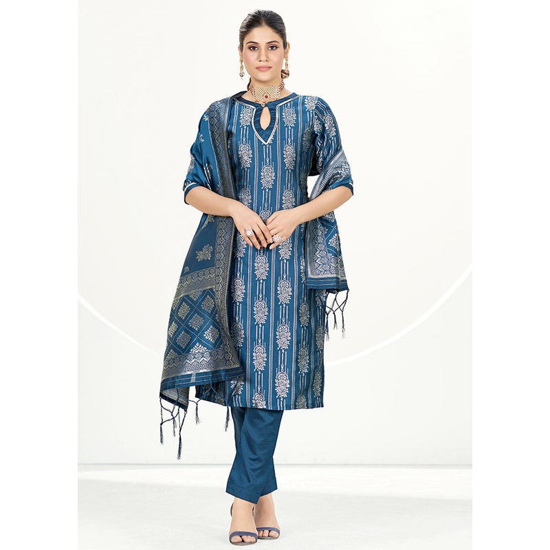 3 Pc Blue Unstitched Silk Suit Set - JD986585658