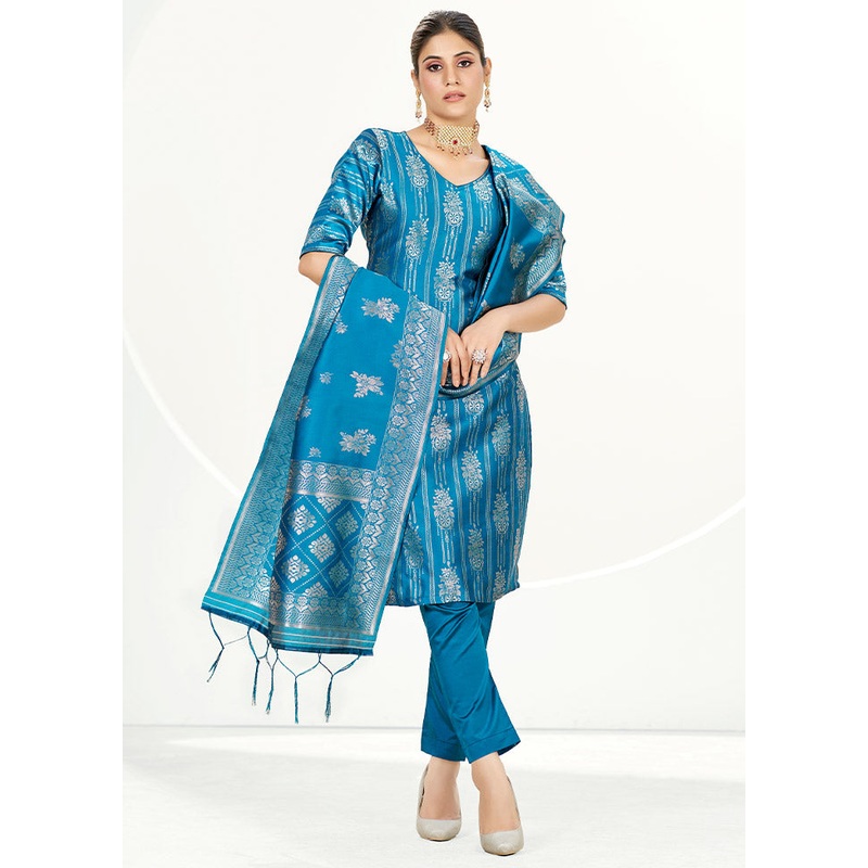 3 Pc Blue Unstitched Silk Suit Set - JD986585659