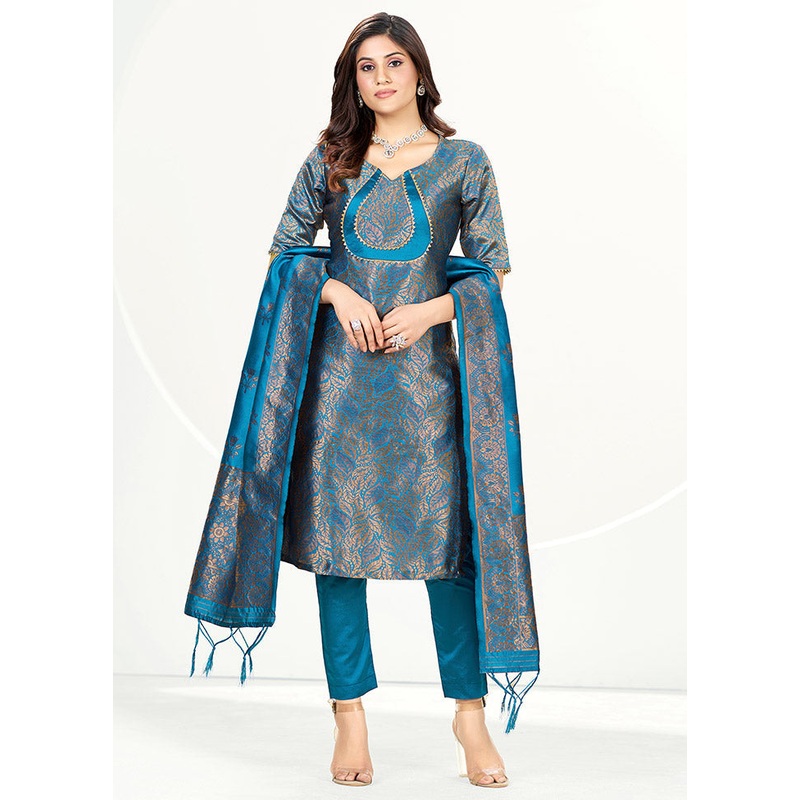 3 Pc Blue Unstitched Silk Suit Set - JD986585660