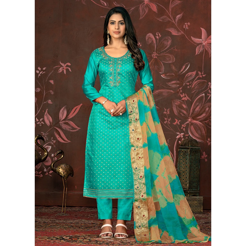 3 Pc Blue Unstitched Silk Suit Set - JD986585661