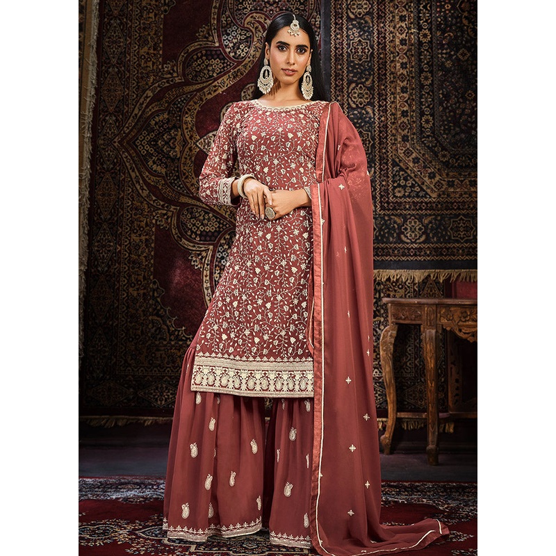 3 Pc Brown Georgette Unstitched Suit Set - JD986585656