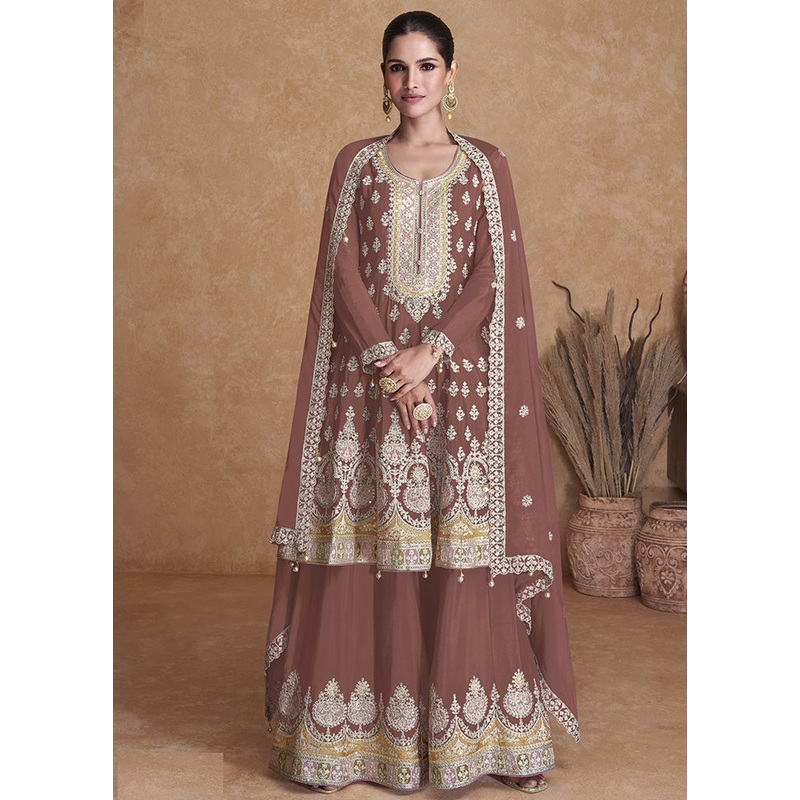 3 Pc Brown Unstitched Georgette Suit Set - JD986585652