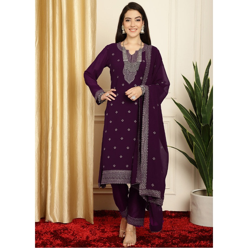 3 Pc Burgundy Unstitched Georgette Suit Set - JD986585650