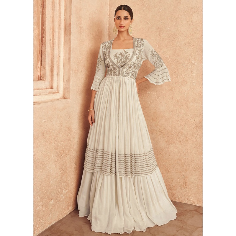 3 Pc Cream Unstitched Georgette Suit Set - JD986585647