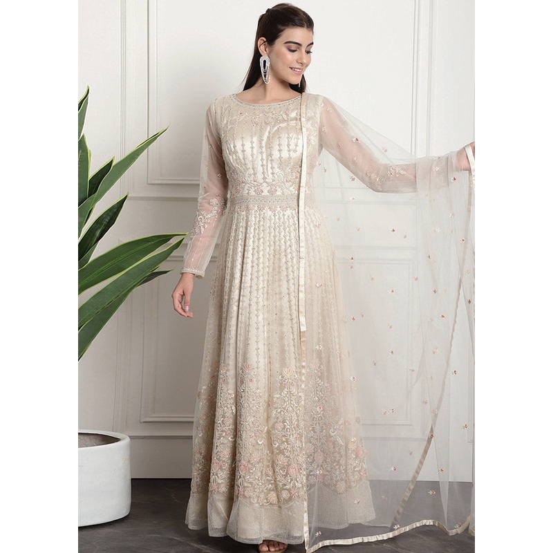 3 Pc Cream Unstitched Net Suit Set - JD986585644