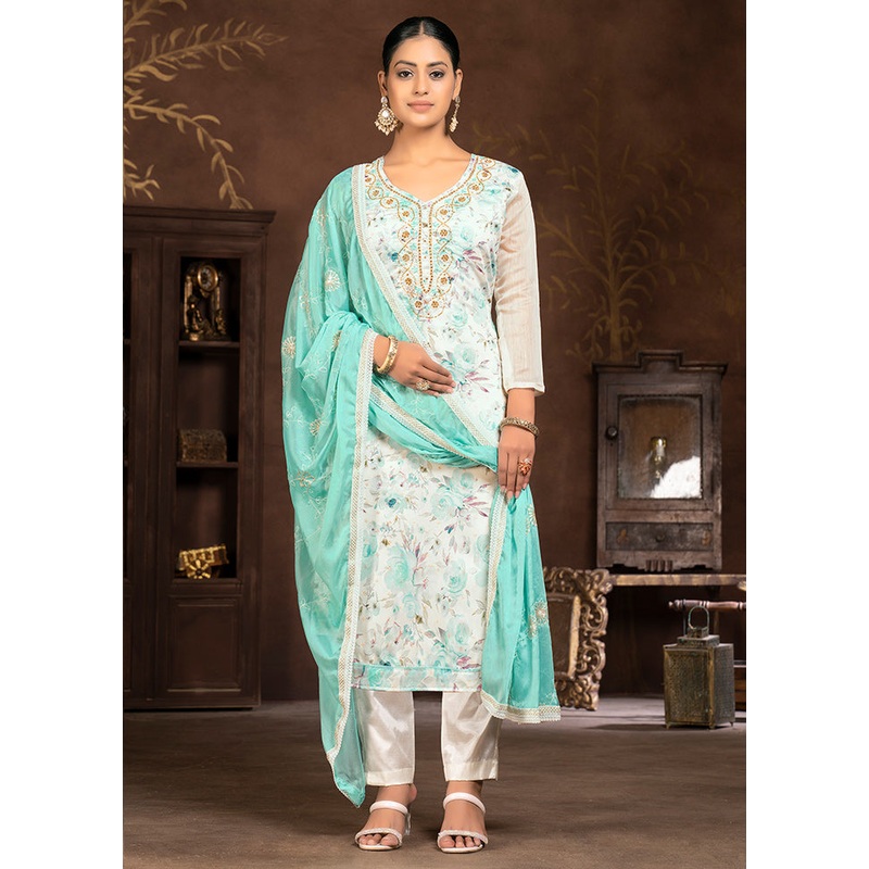 3 Pc Cream Unstitched Silk Suit Set - JD986585641