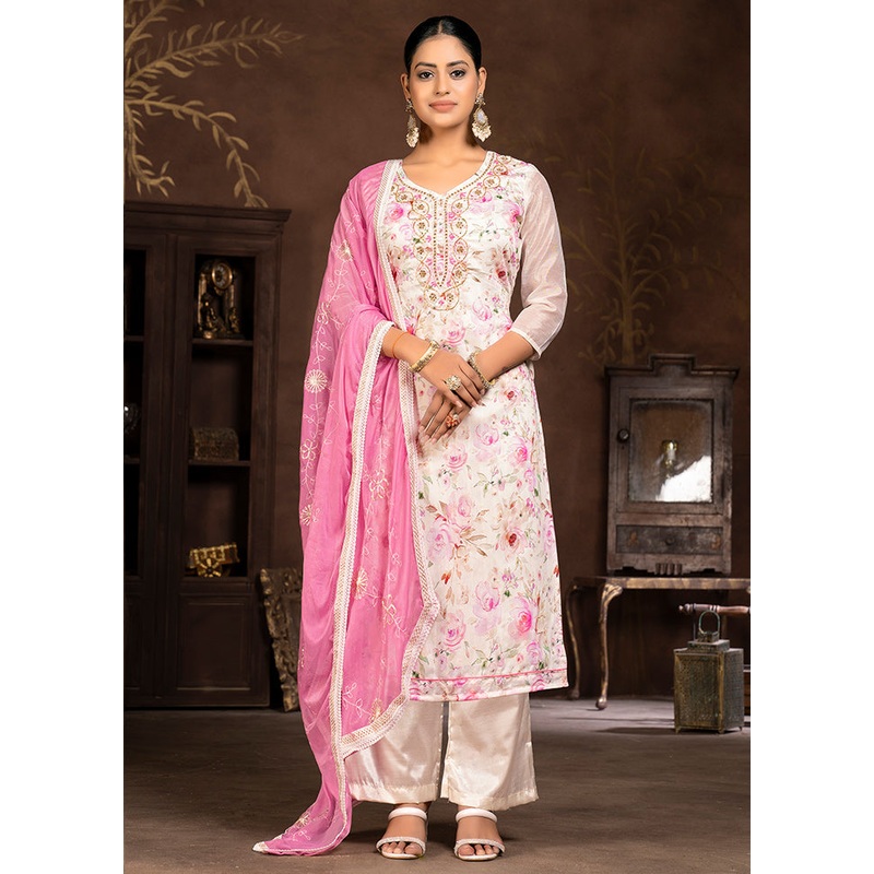 3 Pc Cream Unstitched Silk Suit Set - JD986585642