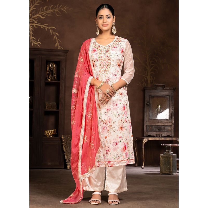 3 Pc Cream Unstitched Silk Suit Set - JD986585643
