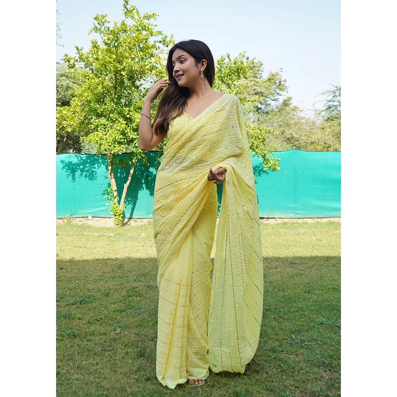 Yellow Georgette Saree With Blouse Piece - JD986585830