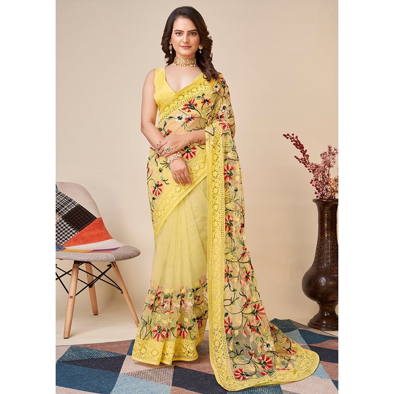 Yellow Net Saree With Blouse Piece - JD986585828