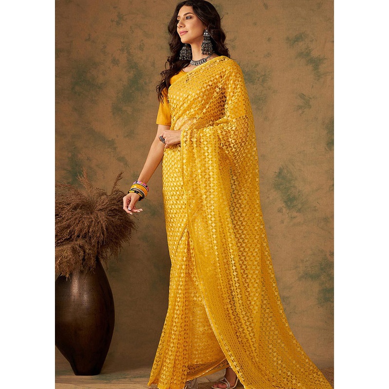 Yellow Organza Saree With Blouse Piece - JD986585822