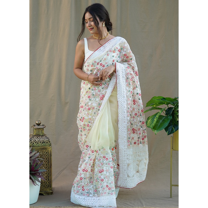 Yellow Organza Saree With Blouse Piece - JD986585823