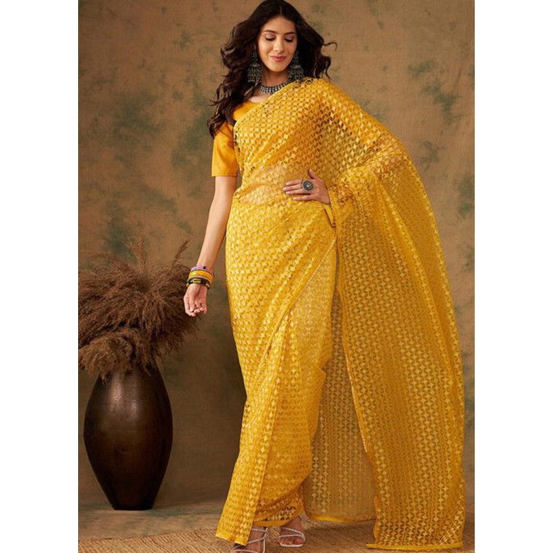 Yellow Organza Saree With Blouse Piece - JD986585824
